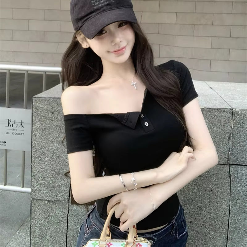 Shoulder Off Sexy Korean Fashion Crop Tops Women Slim Y2K Vintage T-shirts
