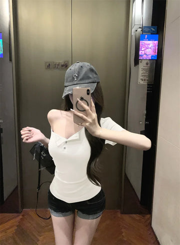 houlder Off Sexy Korean Fashion Crop Tops Women Slim Y2K Vintage T-shirts