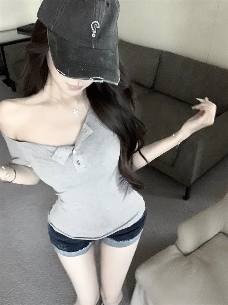 Shoulder Off Sexy Korean Fashion Crop Tops Women Slim Y2K Vintage T-shirts