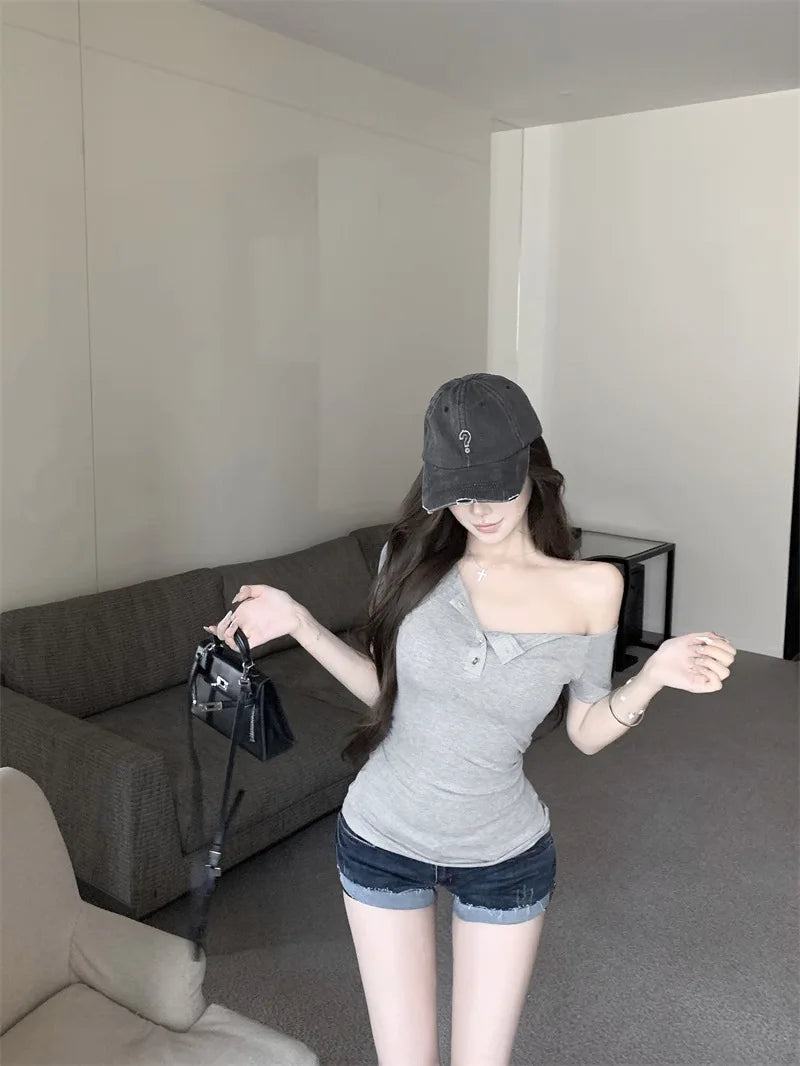 Shoulder Off Sexy Korean Fashion Crop Tops Women Slim Y2K Vintage T-shirts
