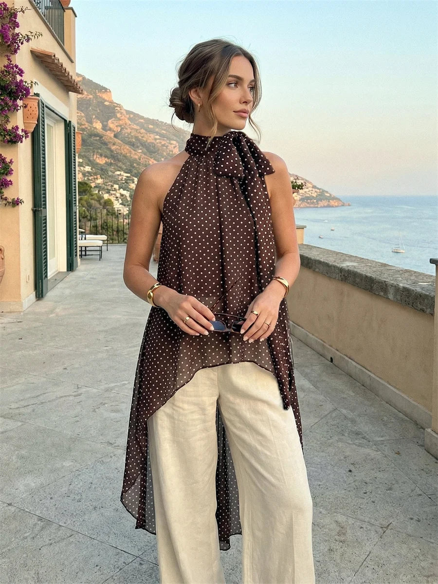 Women’s Irregular Elegant Blouse Summer Tie-up Mock Neck Dots Print Chiffon Long Vest