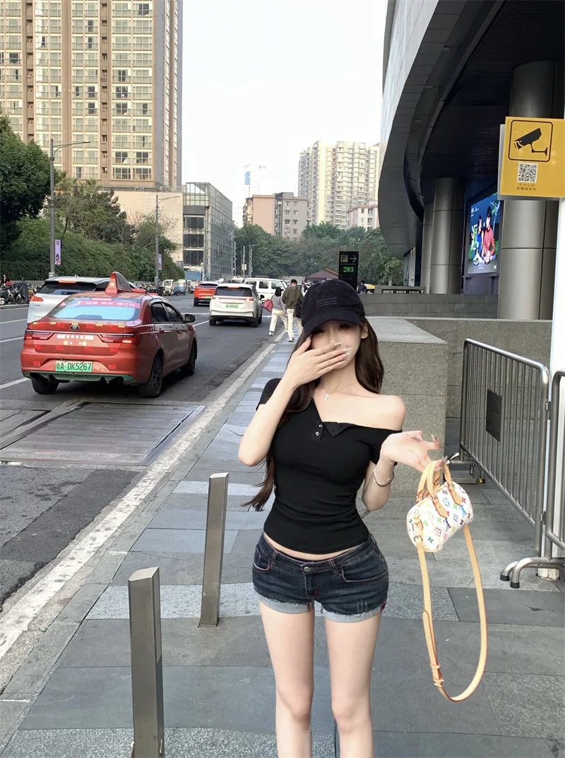 Shoulder Off Sexy Korean Fashion Crop Tops Women Slim Y2K Vintage T-shirts