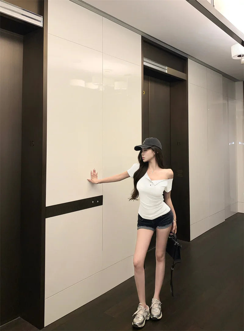 Shoulder Off Sexy Korean Fashion Crop Tops Women Slim Y2K Vintage T-shirts